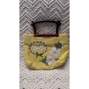 Groovy Retro Vintage Woven Yellow With White Daisies Purse With Plastic Handles